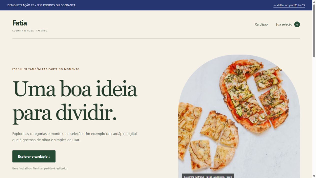 Captura da demonstração funcional de site para pizzaria